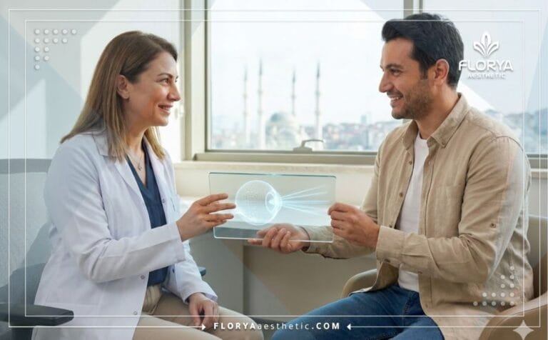 طبيب يشرح تفاصيل عملية الفيمتو ليزك في تركيا للمريض باستخدام تابلت شفاف حديث.