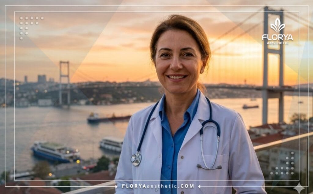 Приветливый доктор на фоне Босфорского моста в Стамбуле