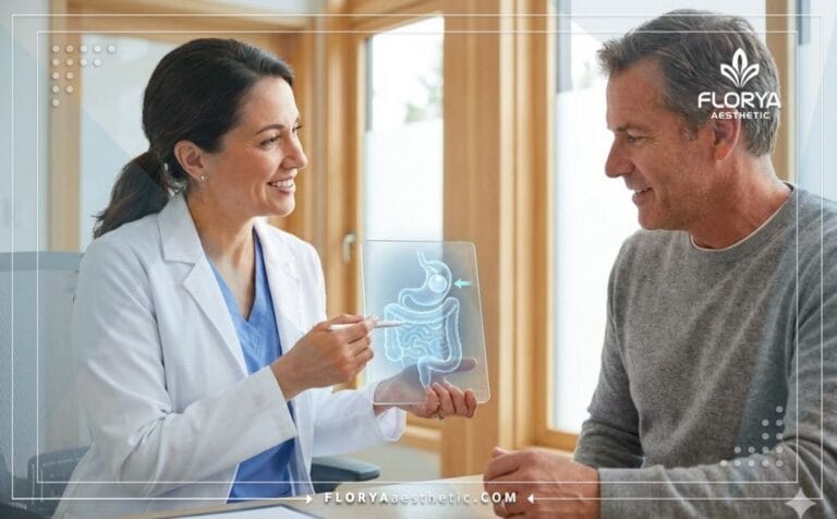 Doctor discussing Gastric Balloon Risks in Turkey using digital tablet in a modern clinic.