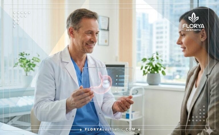 Doctor explaining Gastric Balloon in Turkey Advantages using a digital tablet.