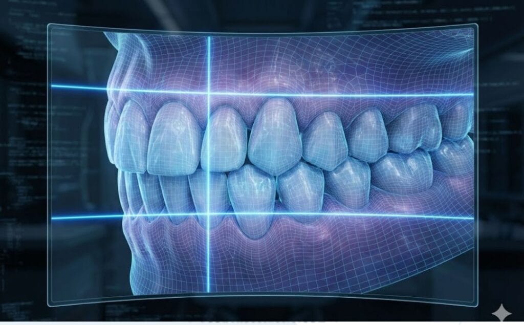 مسح ضوئي ثلاثي الأبعاد يظهر الدقة في تحديد خط اللثة والأسنان بتقنية الليزر الأزرق.