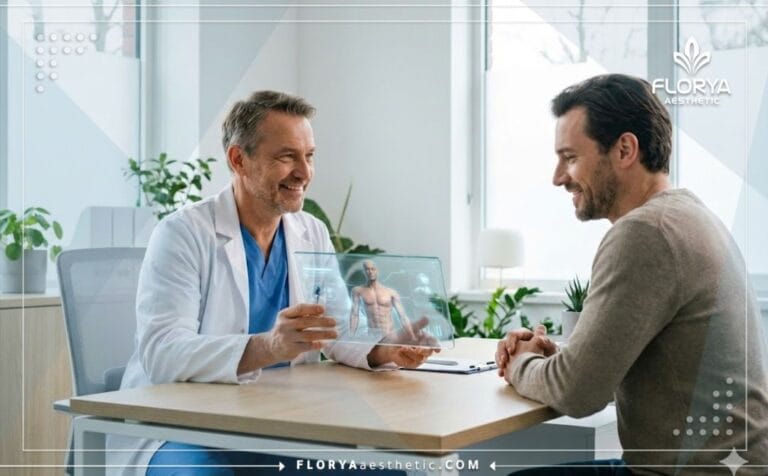 Doctor mostrando el plan digital para la Ginecomastia en Turquía a un paciente.