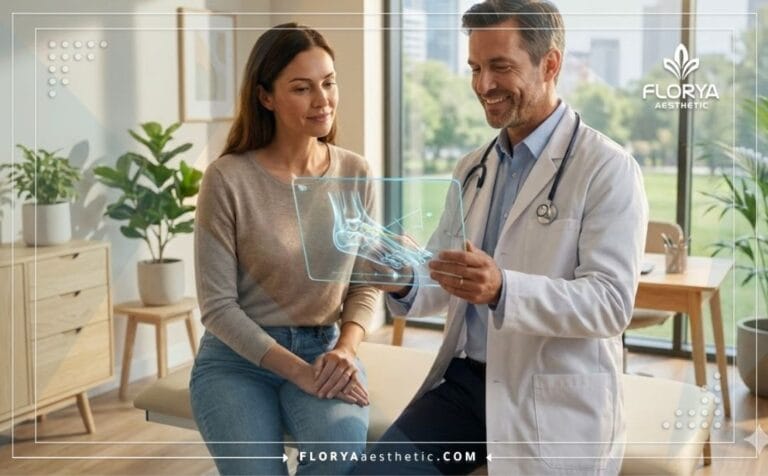 Professional doctor planning Hallux Valgus Correction using a futuristic digital tablet