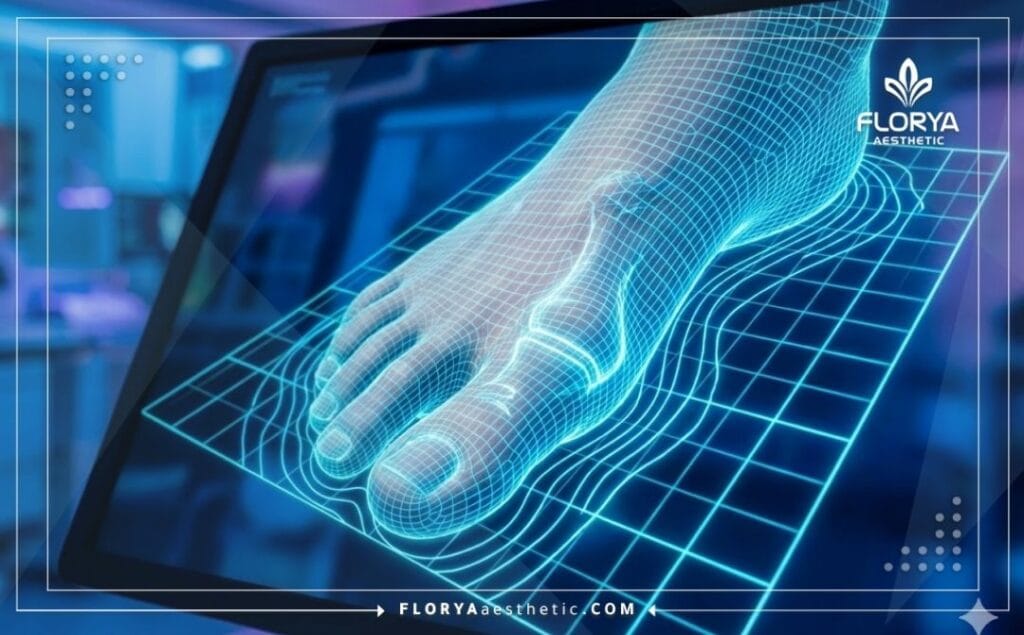 High-tech 3D topographical mesh scan focusing on the foot and big toe joint