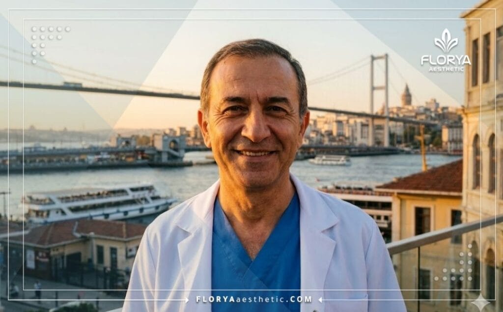 Friendly doctor inviting patients to Istanbul with Bosphorus view in background