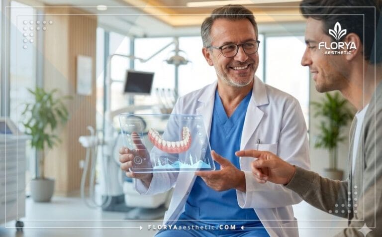 Dentista experto mostrando el plan digital para la Sonrisa de Hollywood en Turquía.