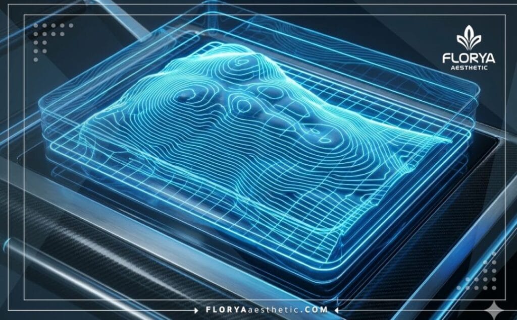 Макросъемка 3D-сканирования зоны живота для точного планирования липосакции.