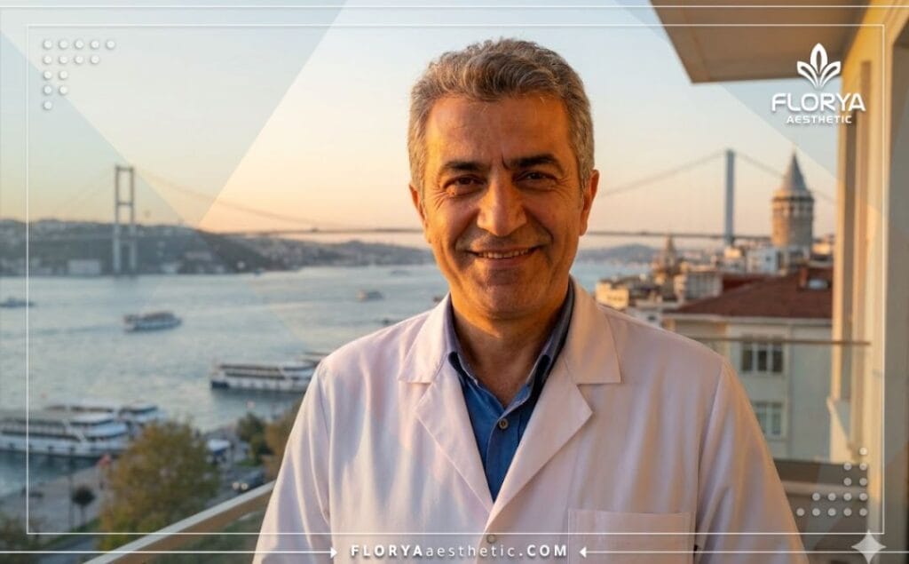 Cirujano amable dando la bienvenida a Estambul con vistas a la ciudad.