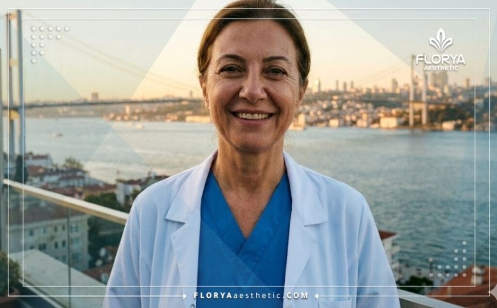 طبيب متخصص يرحب بالمريض في اسطنبول مع خلفية البوسفور لعمليات زيادة الطول.