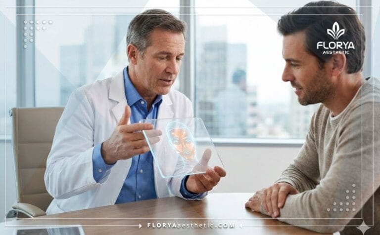 Professional surgeon discussing Male Facelift Risks in Turkey using digital technology.