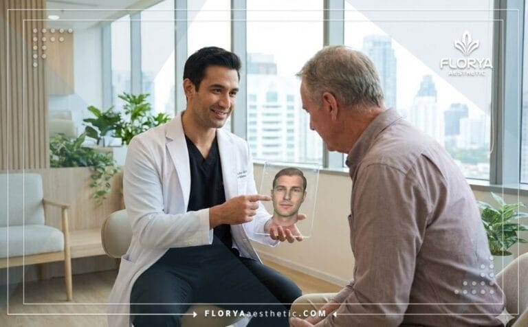 Doctor demonstrating the digital plan for a Male Facelift in Turkey.