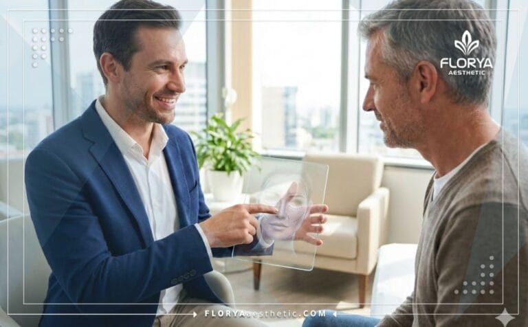 Doctor profesional mostrando el plan digital para el Lifting Facial Masculino en Turquía.