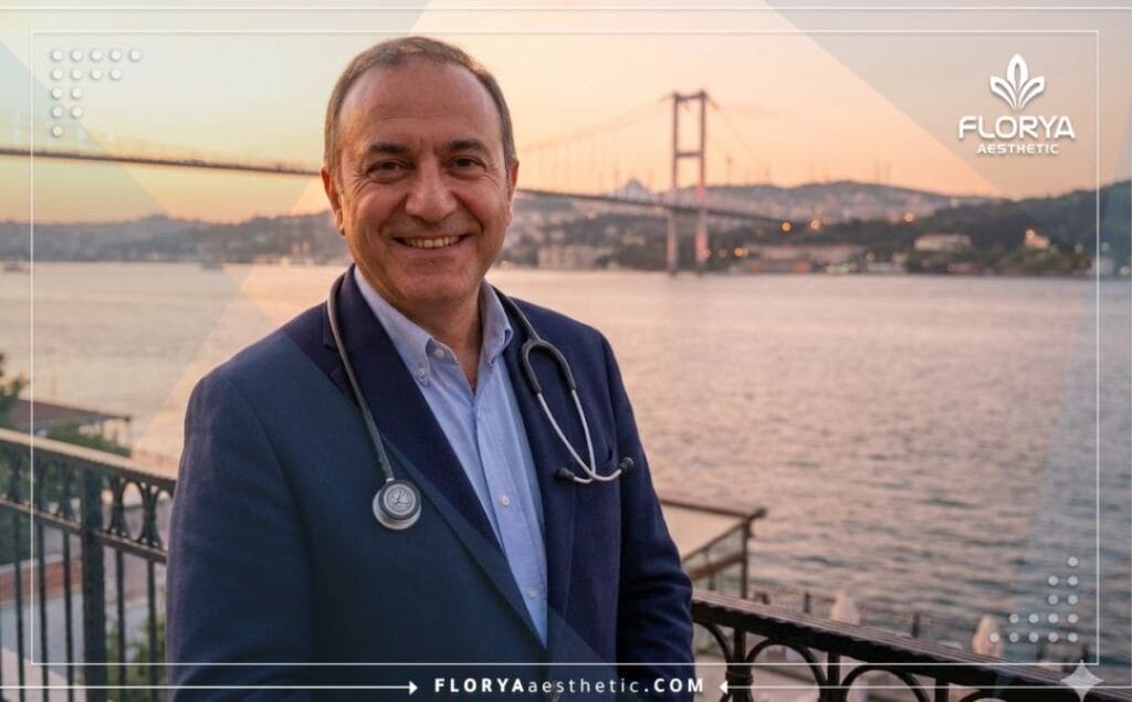 Cirujano amable en Estambul con el Bósforo de fondo