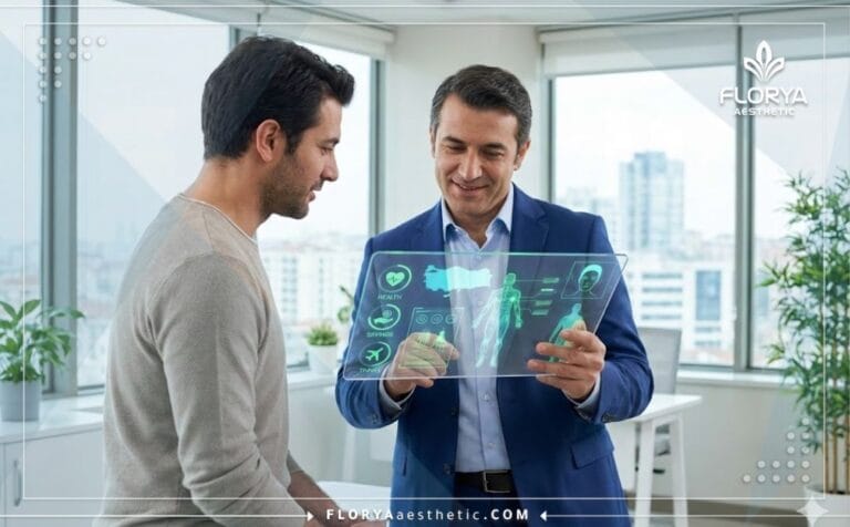 Doctor discussing Male Plastic Surgery Benefits in Turkey with patient using digital tech