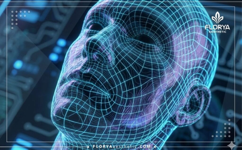 Digital 3D topographic scan focusing on male facial structure and jawline planning.