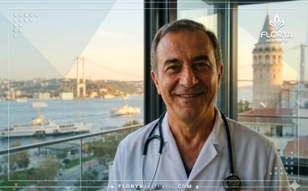 Professional doctor standing in front of the Bosphorus Bridge in Istanbul.