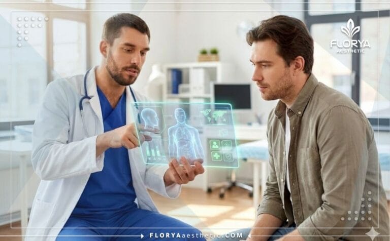 Doctor explaining Male Plastic Surgery Risks in Turkey using digital screen