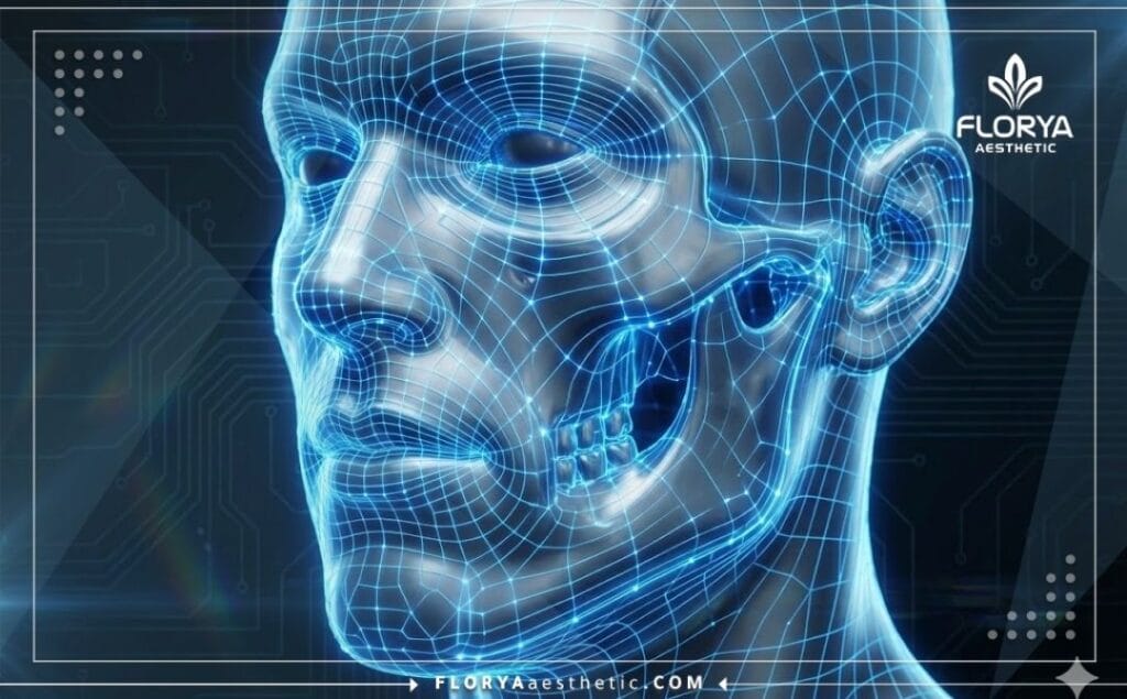 Digital 3D mesh scan focusing on masculine facial structure and jawline precision.