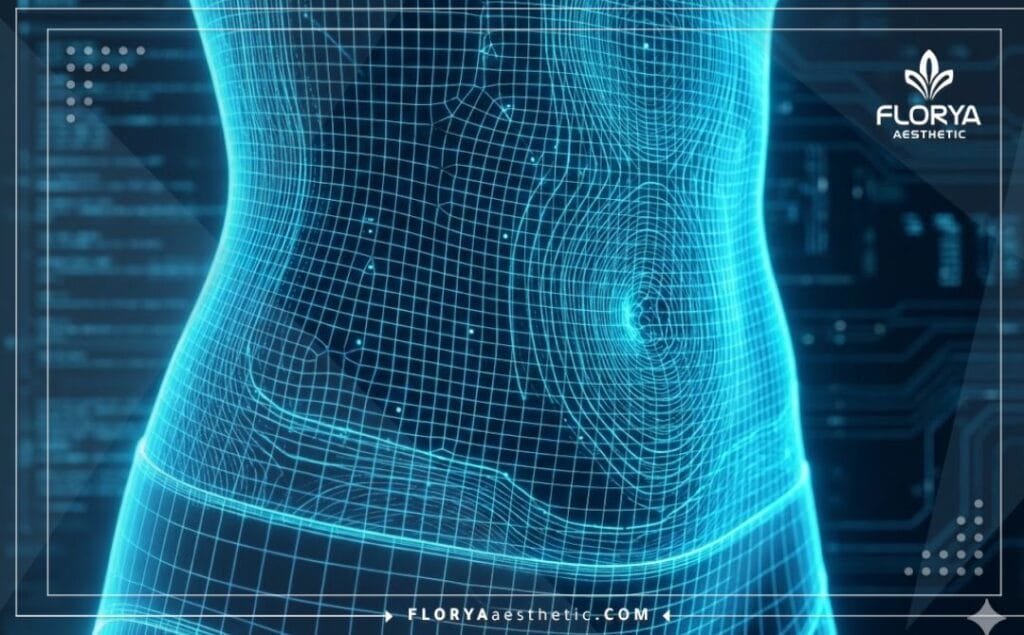 Digital 3D topographic mesh scan of the abdominal area highlighting precision.