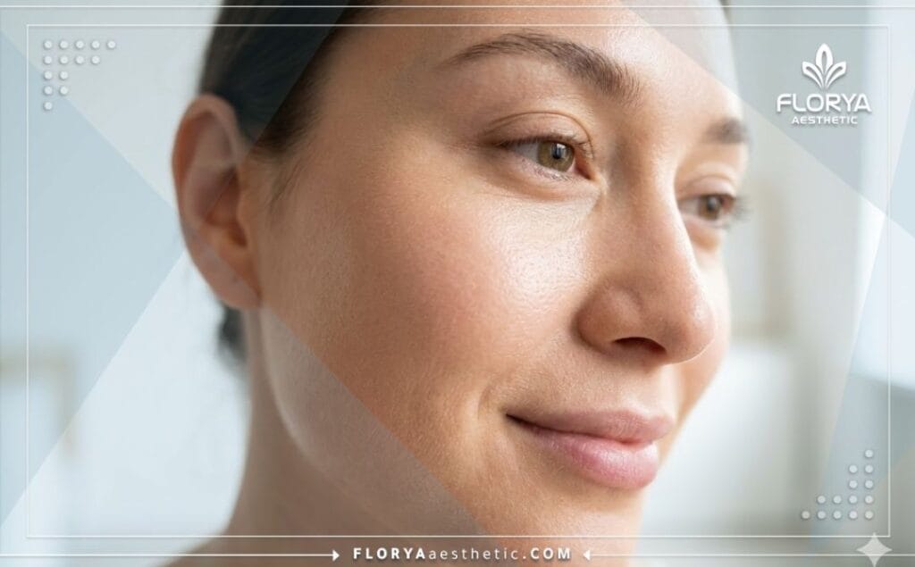 صورة مقربة تظهر بشرة نضرة وخالية من العيوب كنتيجة مثالية للتجميل غير الجراحي.