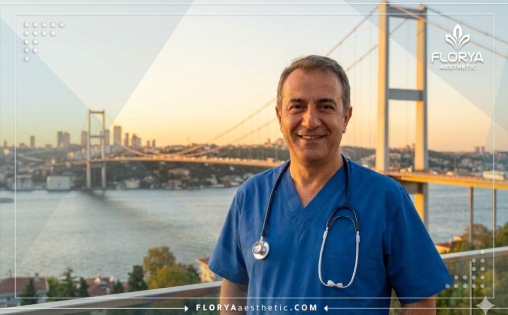 طبيب تجميل مبتسم يرحب بالمرضى في اسطنبول مع خلفية البوسفور.
