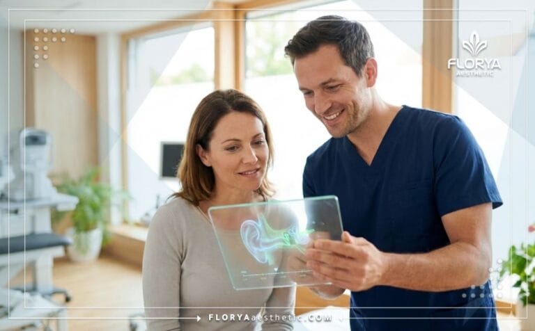 Doctor planificando la Otoplastia sin cirugía en Turquía en tablet digital