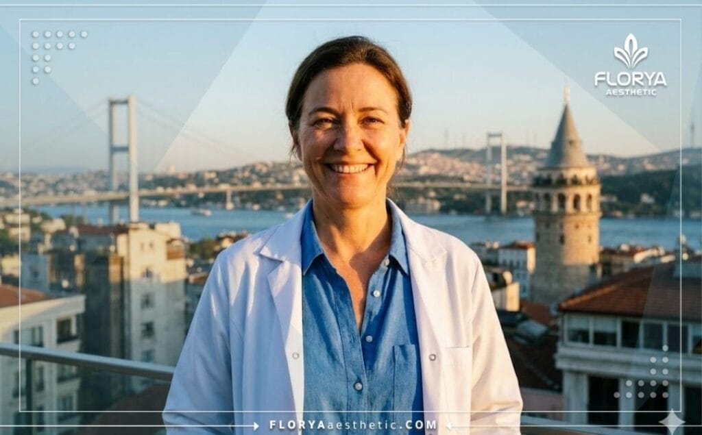 Friendly plastic surgeon standing in front of the Bosphorus Bridge in Istanbul.