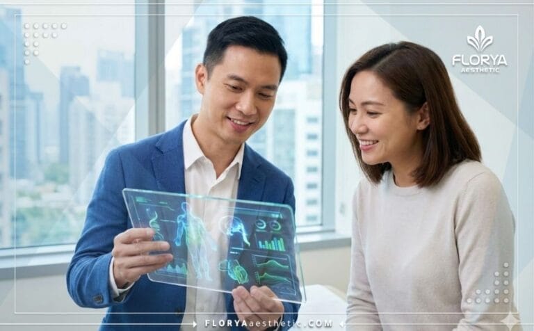 Professional doctor consulting a patient about Plastic Surgery Benefits in Turkey using a digital tablet.