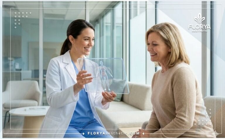 : Doctor planning Body Contouring & Plastic Surgery on a digital tablet with a patient.