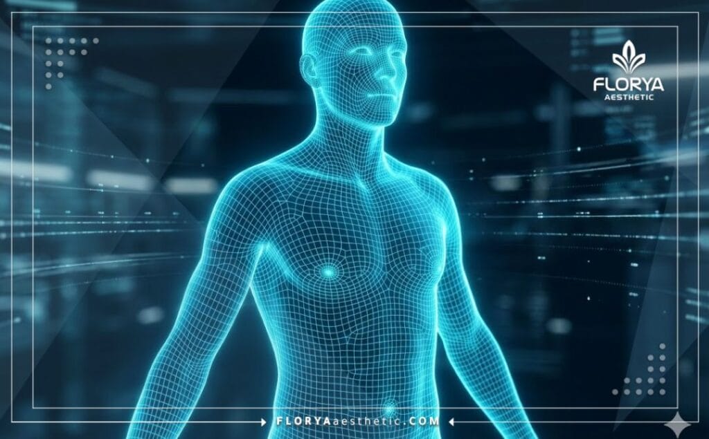 مسح ضوئي ثلاثي الأبعاد يوضح مناطق الجسم المختلفة المستهدفة في الجراحات التجميلية بدقة عالية.