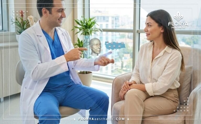 Professional doctor discussing Plastic Surgery in Turkey plans on a digital tablet with a patient.