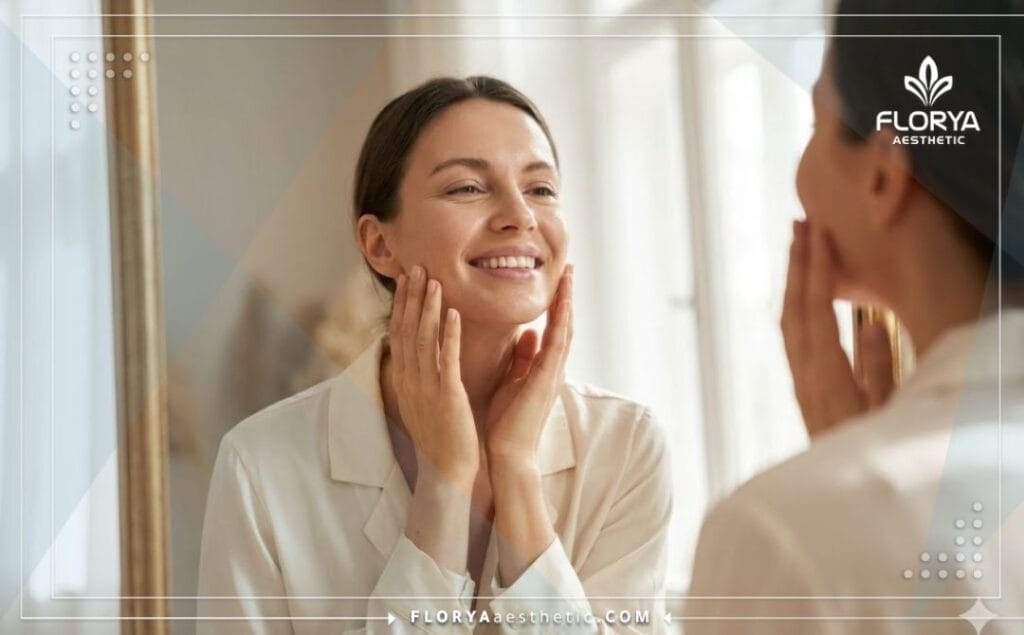 مريضة سعيدة تنظر للمرآة، تجسد نجاح تجارب عمليات التجميل.