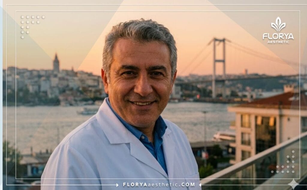 Известный хирург в Стамбуле на фоне города, вызывающий доверие.