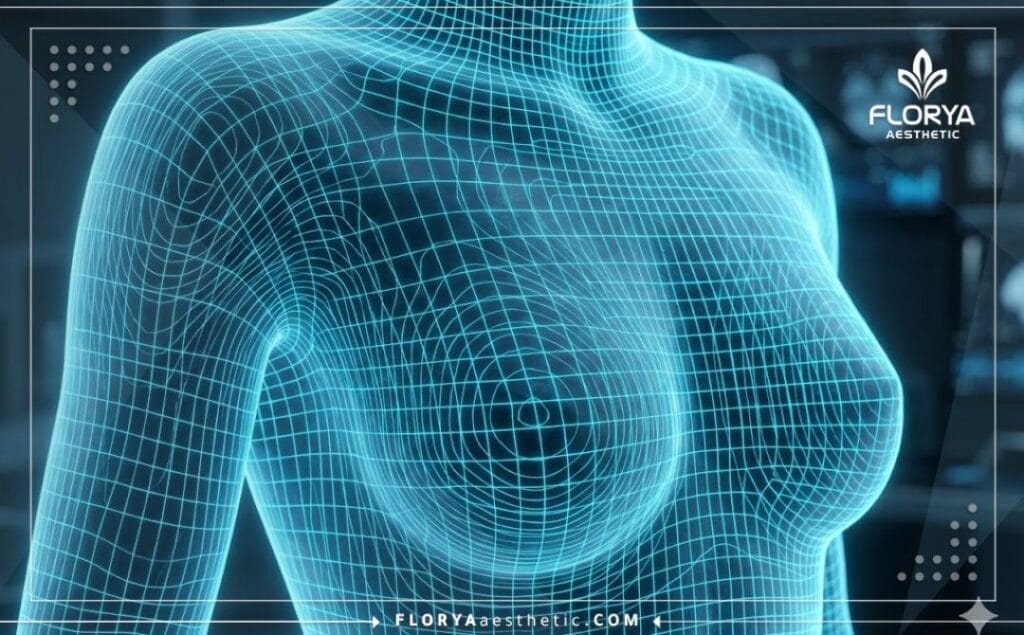 Digital 3D topographic mesh scan focusing on the chest anatomy.