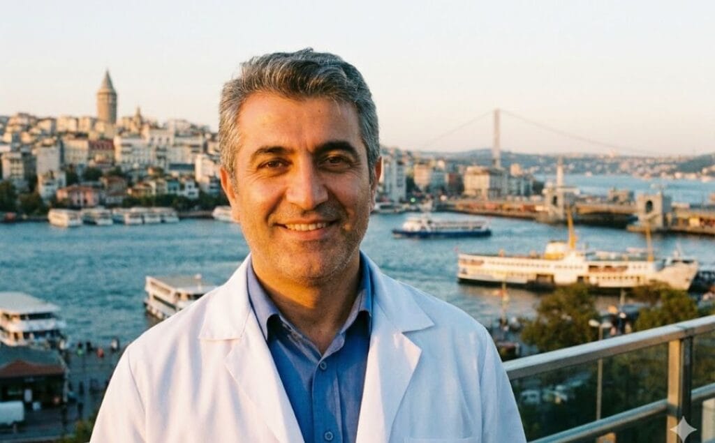 Friendly plastic surgeon in Istanbul with Bosphorus Bridge background.