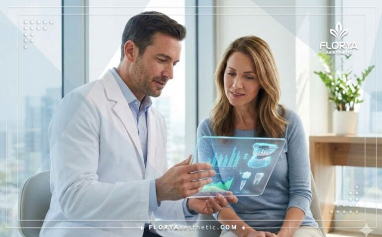 Doctor explaining Risks of Zirconia Crowns in Turkey on a digital tablet.