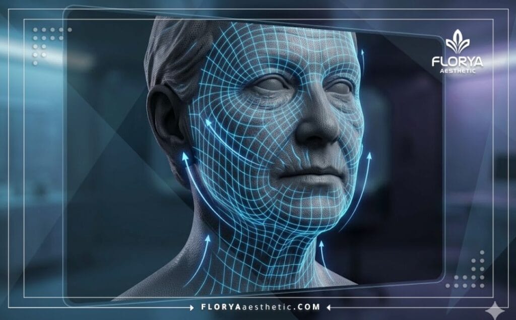 Visualisation technique 3D des tissus faciaux pour le traitement anti-âge.