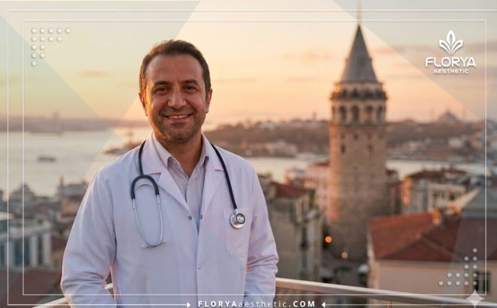 طبيب تجميل مبتسم يرحب بالمرضى في إسطنبول أمام جسر البوسفور.
