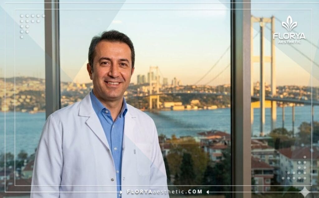 Friendly cosmetic surgeon in Istanbul with Bosphorus view welcoming patients.