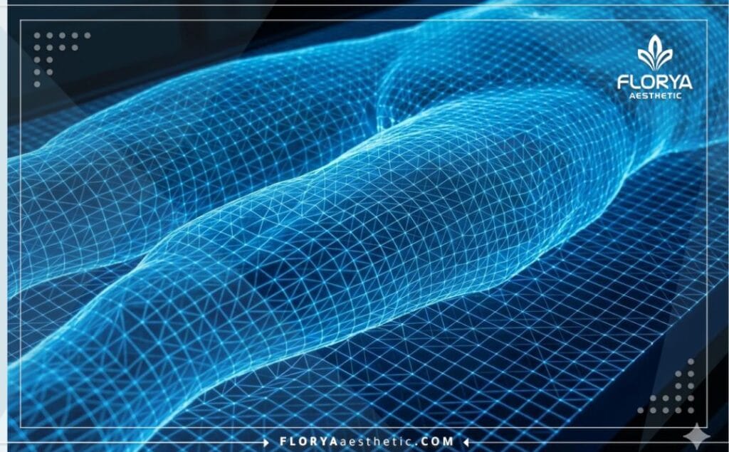 Escaneo médico 3D enfocado en la anatomía del muslo.