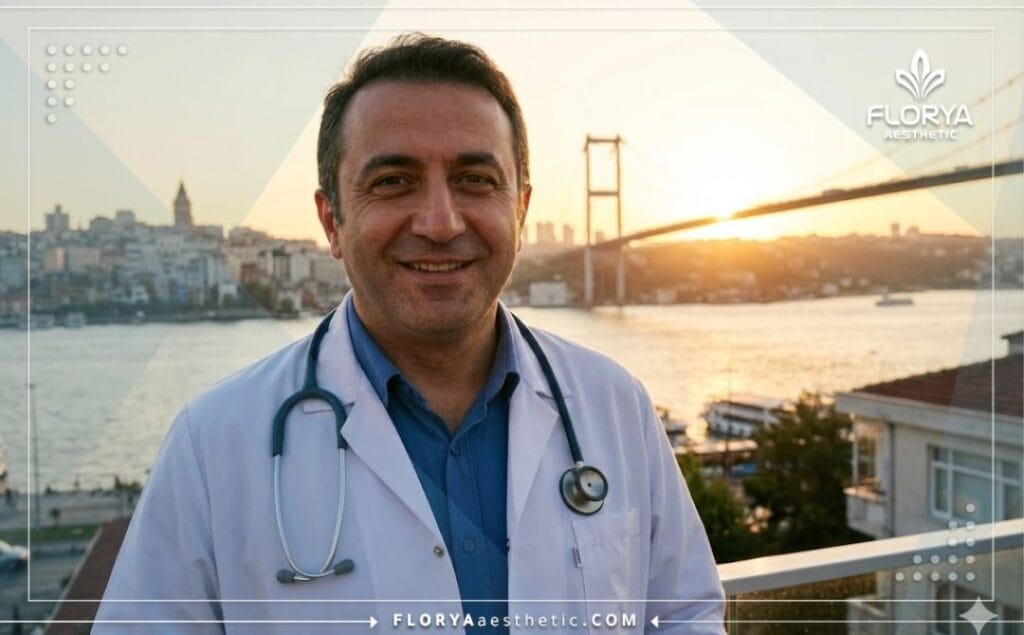 Cirujano amable sonriendo con el Puente del Bósforo de fondo invitando a pacientes a Estambul.