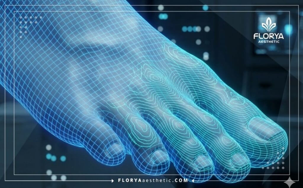 مسح ثلاثي الأبعاد دقيق لمنطقة أصابع القدم يظهر الشبكة الطبوغرافية للتحضير للعملية.