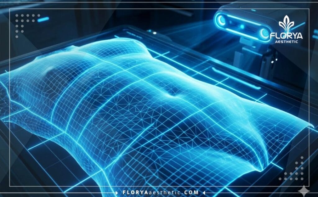 مسح ضوئي ثلاثي الأبعاد لمنطقة البطن يظهر دقة التخطيط الجراحي وتحديد الترهلات.