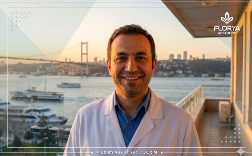 طبيب تجميل ودود يرحب بالمرضى في اسطنبول مع خلفية جسر البوسفور.