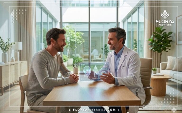 Médecin expliquant les Types de Chirurgie Esthétique Homme sur une tablette numérique.
