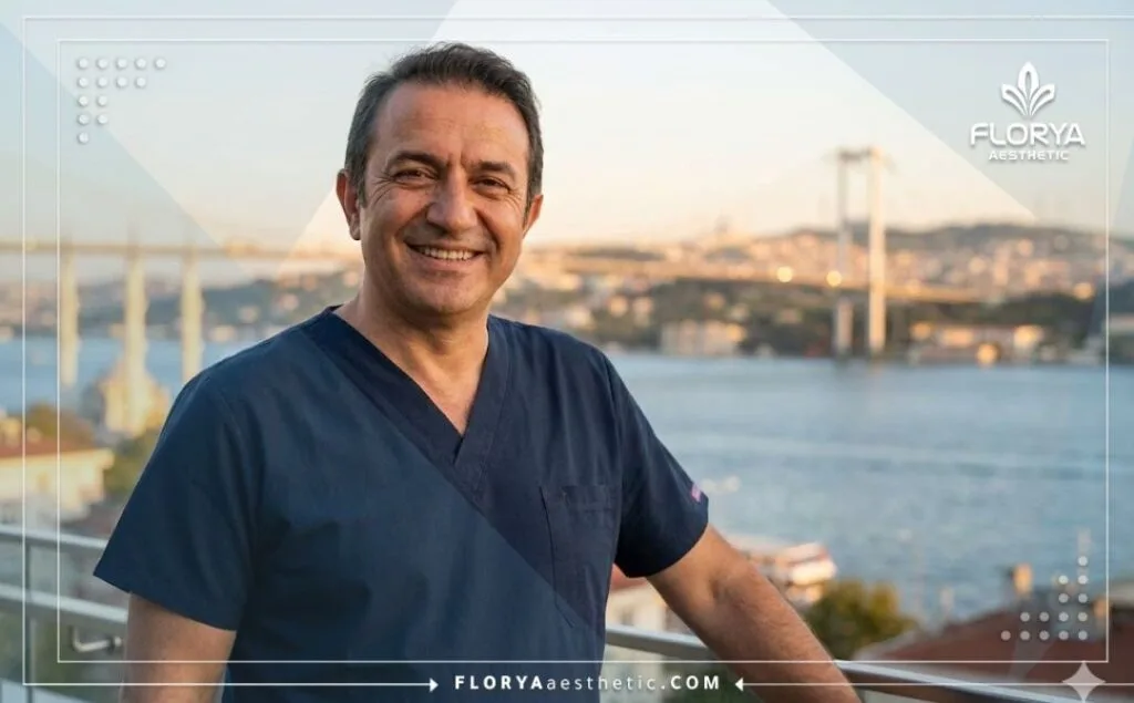 Médico profesional con fondo de Estambul invitando a pacientes masculinos.