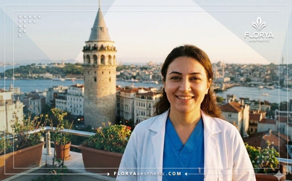 Professional aesthetic doctor smiling with the Galata Tower in Istanbul behind them