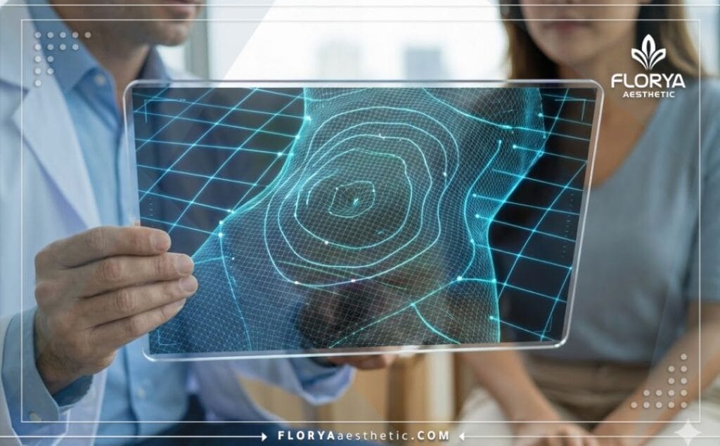 High-tech 3D topographical mesh scan highlighting the targeted fat removal area.