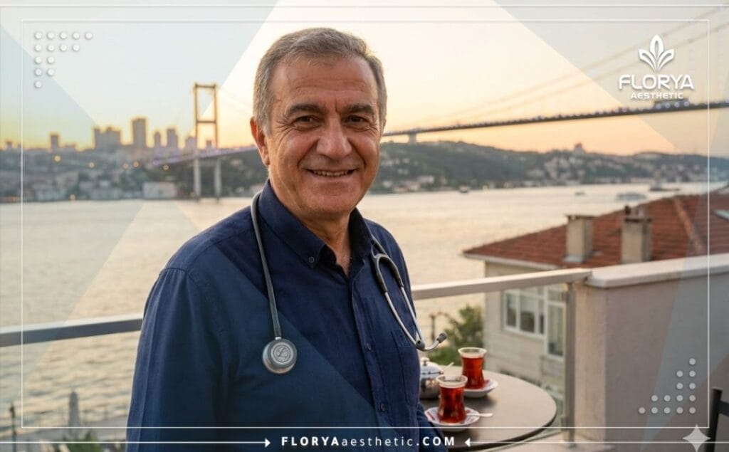 Cirujano amable en Estambul con vista al Bósforo hablando de seguridad.