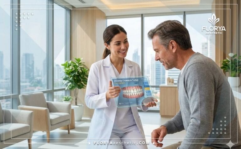Professional doctor displaying digital planning for Zirconia Crowns in Turkey on a tablet.